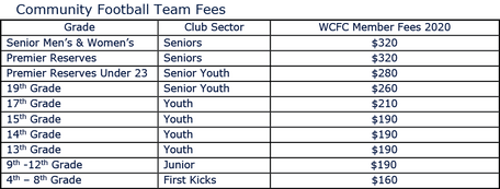 Table for community football teams fees